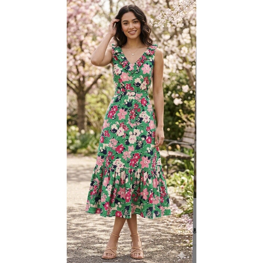 J. Crew Ruffle V-Neck Midi Dress Green Pink Size 2 Floral 100% Cotton Lined